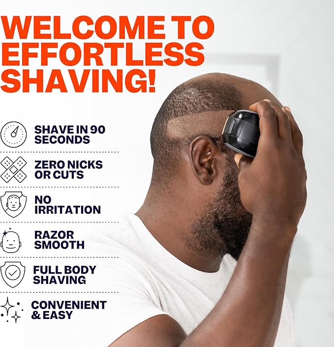 Electric Head & Body Hair Shaver - Mens Cordless Rechargeable Wet/Dry Skull Bald Head Back & Groin Waterproof Razor with Rotary Blades, Clippers, Nose Trimmer, Brush, Massager