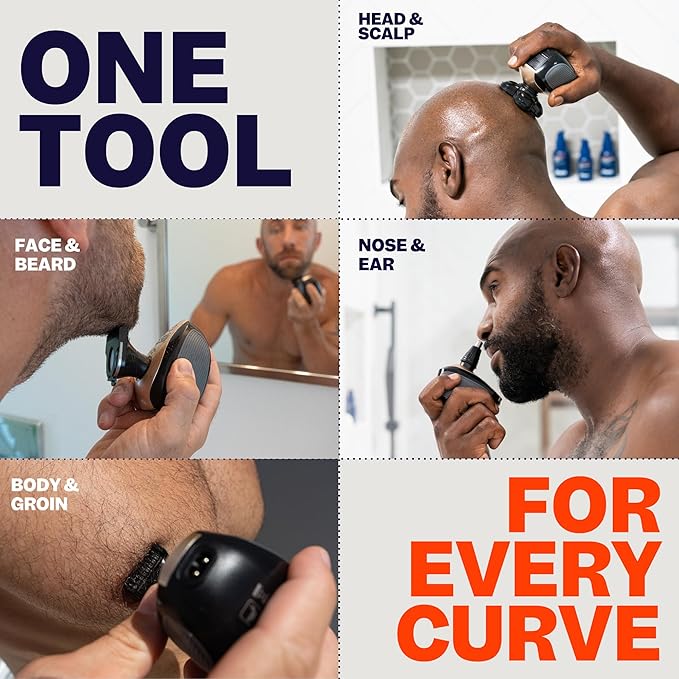 Electric Head & Body Hair Shaver - Mens Cordless Rechargeable Wet/Dry Skull Bald Head Back & Groin Waterproof Razor with Rotary Blades, Clippers, Nose Trimmer, Brush, Massager