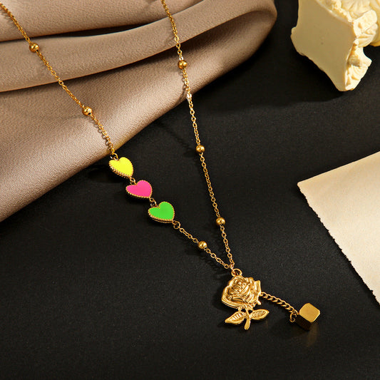 Colored  Heart Rose Pendant Necklace